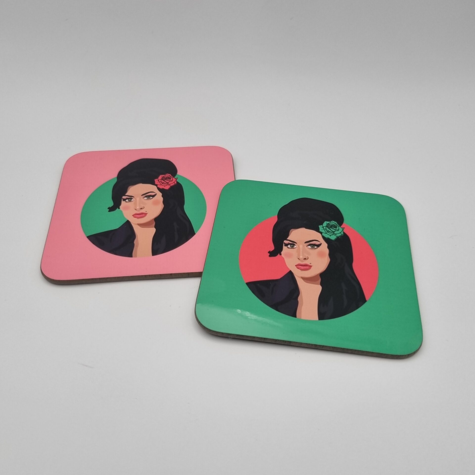 Amy Winehouse Coasters - Green & Pink (circle design) - Sabi Koz Pop ...